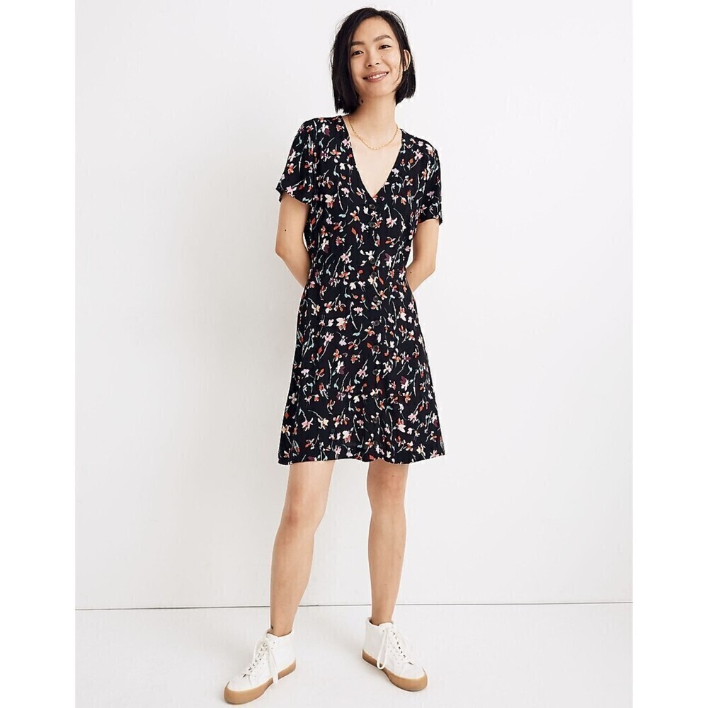 MADEWELL V-Neck Button-Front Mini Dress Black Pink Drifting Flower Print Size 00
